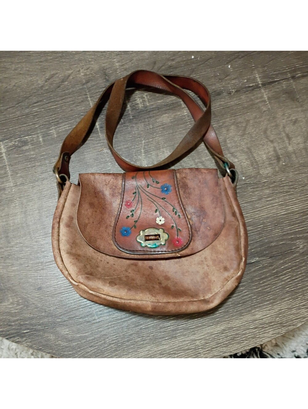 Vintage Handmade Painted Brown Leather Satchel Purse Bag